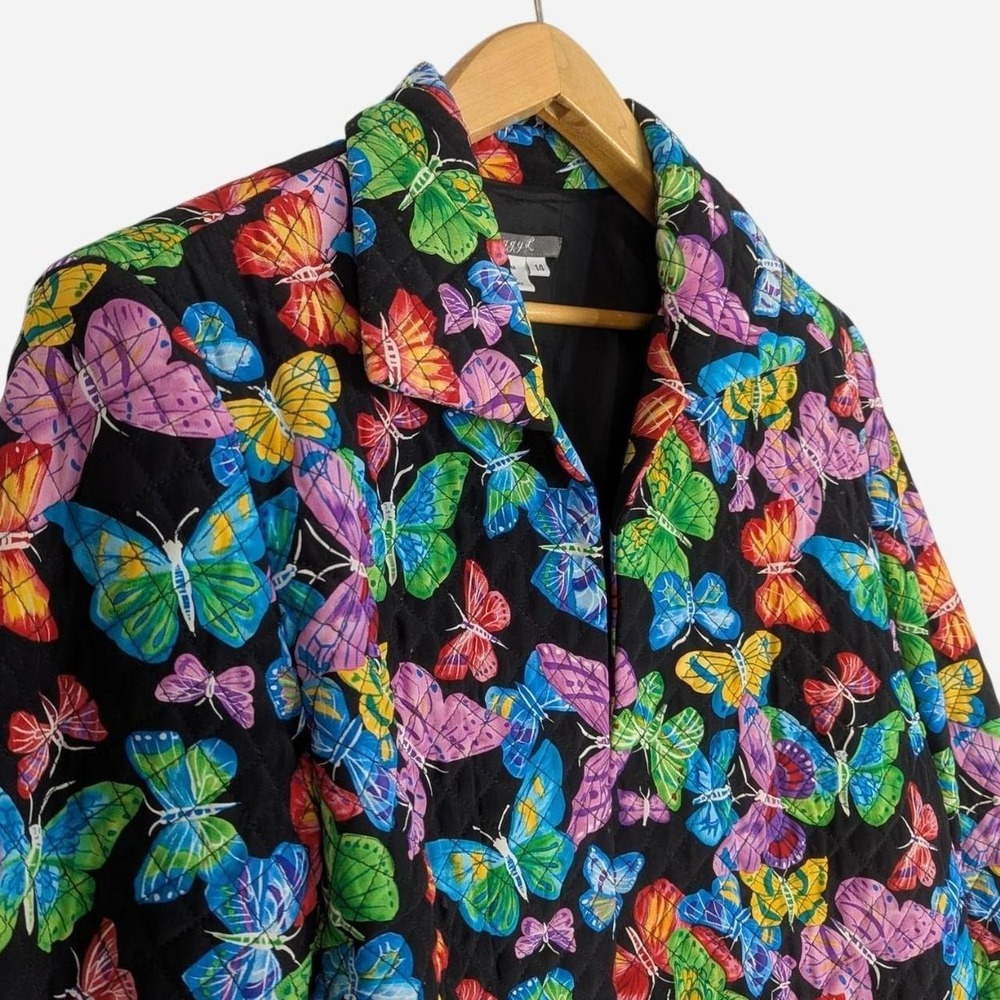 Maggy L Silk Butterfly Print Quilted Jacket Vintage 90s 14 - Picture 5 of 7